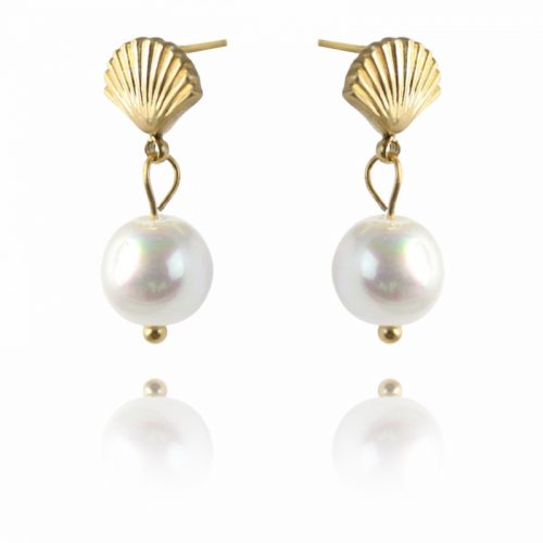 Perla 14k aranyozott fülbevaló gyöngy és kagyló díszítéssel, elegáns stílusú fülbevaló modern nőknek